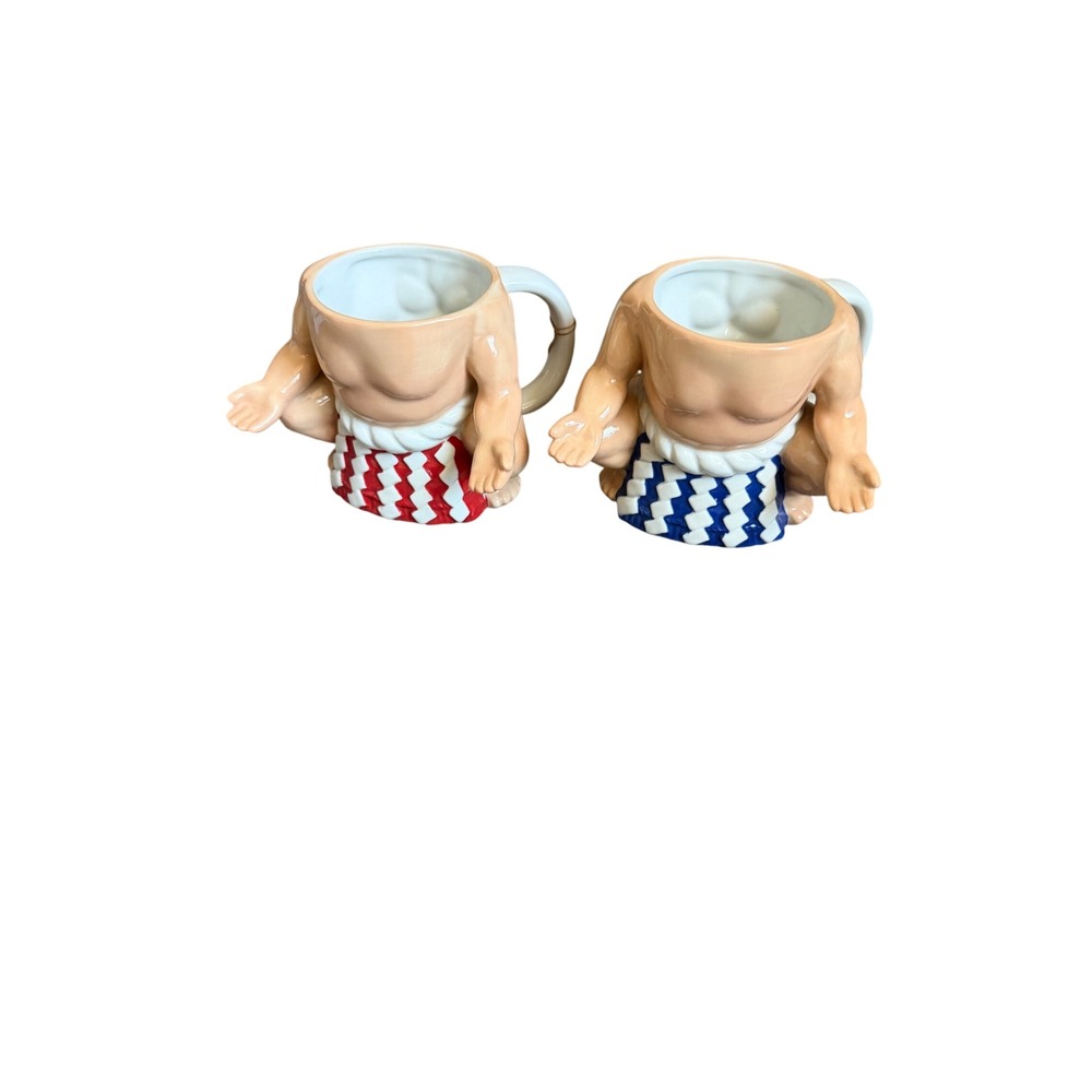 Vintage Sumo Wrestler Body Mugs Set of 2 Red Blue Chevron Novelty Ceramic Kitsch
